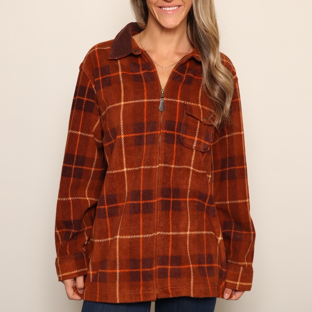 Vintage Corduroy Collar Brown Plaid Full Zip-Up Jacket Barn Jacket Shacket